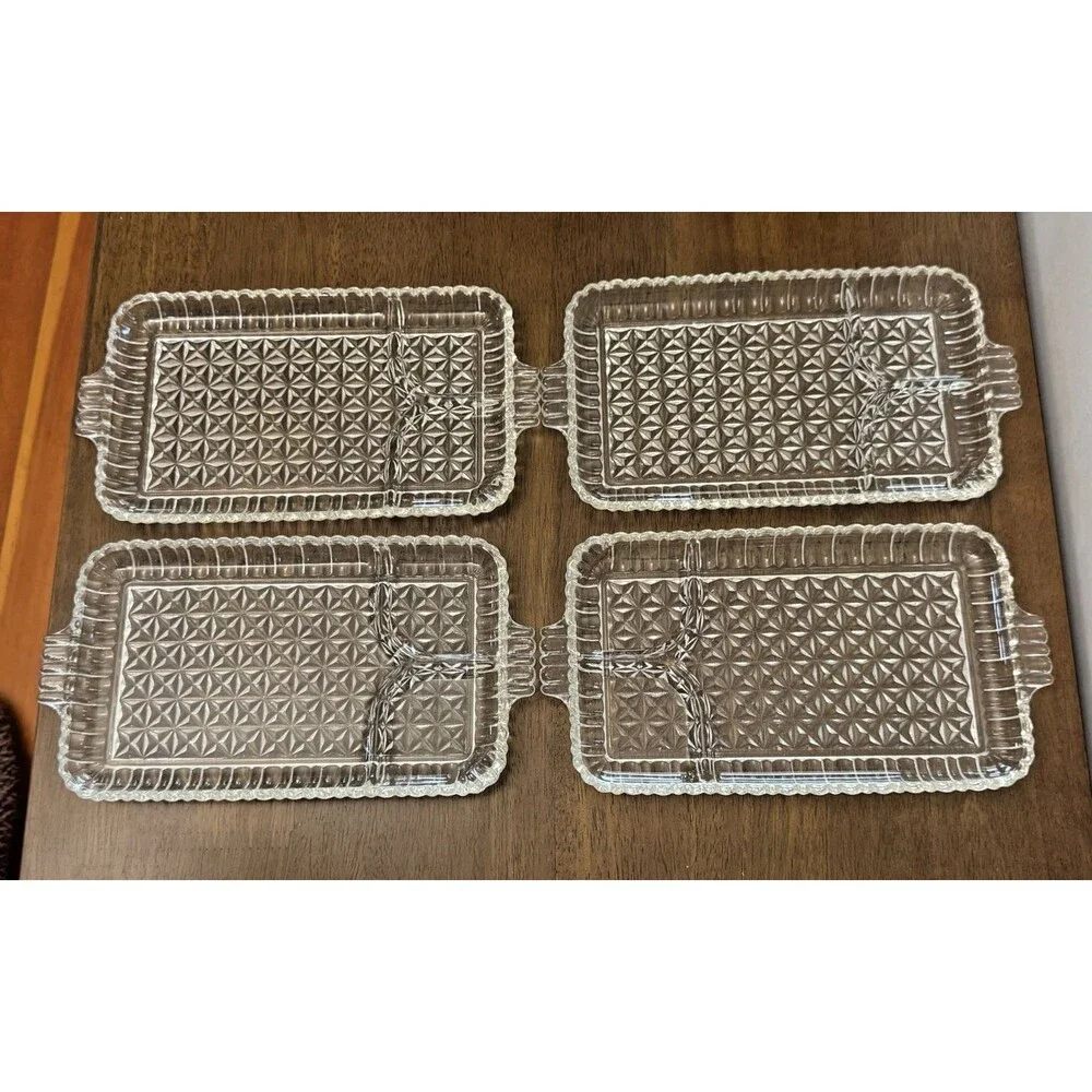 Set of 4 Vintage Pressed Glass Divided Luncheon Plates Great for Parties Sushi